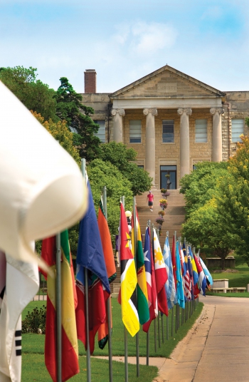 Christy Administration Building with flags